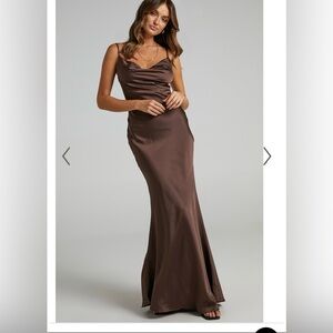 COWL MERMAID SLIP DRESS IN CHOCOLATE SATIN